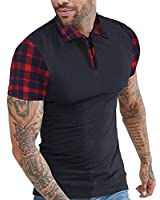 COOFANDY Mens Casual Short Sleeve Polo Shirts Slim Fit Zipper Plaid Polo T Shirts - 1225543