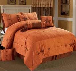 Golden Linens 8 Pieces Embroidery Western Lodge Texas Star Oversize Comforter Set Camel Brown Lone Star Micro Suede Queen Size Bedding 