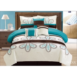 Golden Linens 7 Pcs Off White Turquoise Brown High Quality Luxury Design Embroidery Comforter Set Queen Size# IVANA 