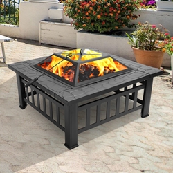  Fire Pit 32" Outdoor Square Metal Firepit Backyard Patio Garden Stove Wood Burning BBQ Gril Fire Pits w/ Mesh Spark Cover and Poker for Camping Picnic Bonfire Garden Beaches Park 